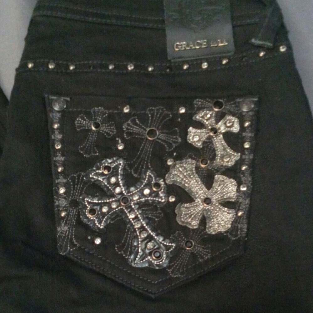 Grace Black Skinny Jeans with Embellished Crosses